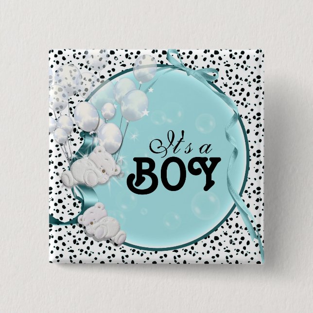 baby boy birth announcement bear 15 cm square badge (Front)