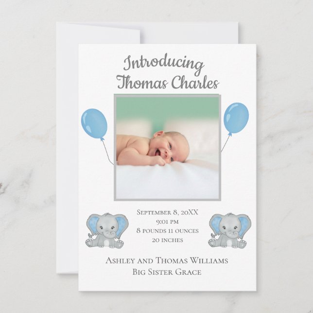Baby Boy Birth Announcement Blue Elephants Balloon (Front)