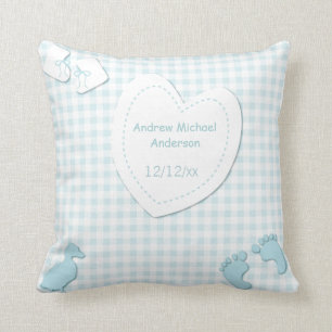 Baby Boy Birth Announcement Blue Plaid Cushion