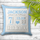 Baby Boy Birth Announcement Cushion<br><div class="desc">Adorably cute blue and white polka dot baby boy birth announcement pillow with a sweet little baby blue heart.  Edit to include all of your precious bundle of joy's birth details.</div>