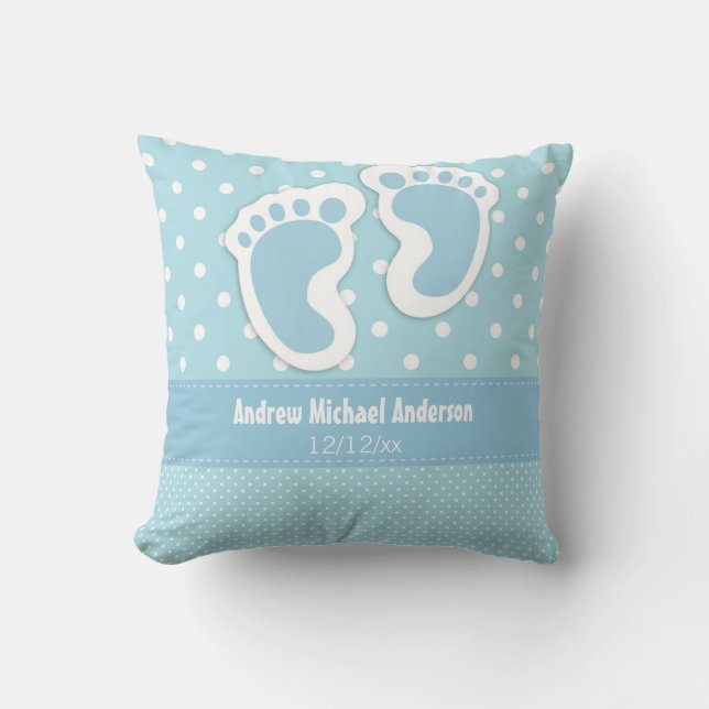 Baby Boy Birth Announcement Name Date Polka Dot Cushion (Front)