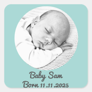 baby boy birth announcement photo and name custom square sticker