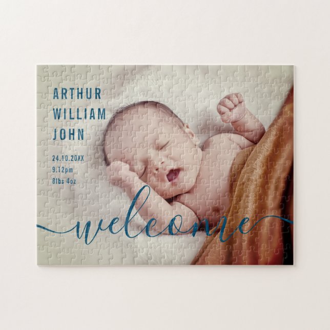 Baby Boy Birth Announcement Photo Jigsaw Puzzle (Horizontal)