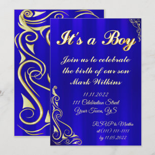Baby Boy Birth Celebration Gold and Blue Invitation