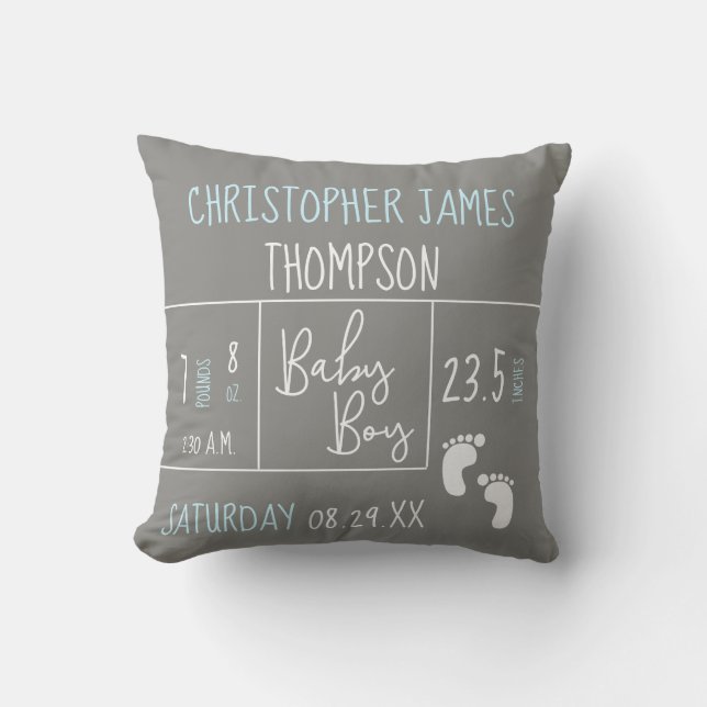 Baby Boy Birth Modern Blue Grey keepsake Cushion (Front)