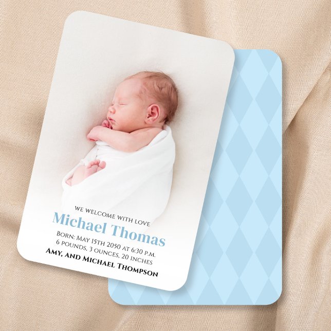 Baby Boy Birth Photo Custom Blue  (Blue baby birth announcement with blue herringbone pattern.)