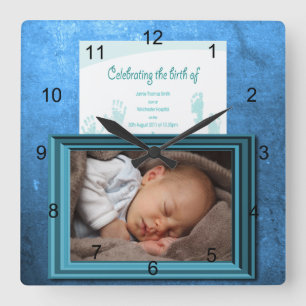Baby Boy Birth Photo Keepsake Square Wall Clock
