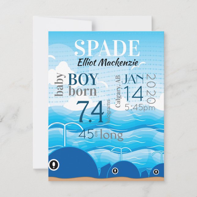 Baby Boy Birth Stats Announcement Blue Whales Card (Front)
