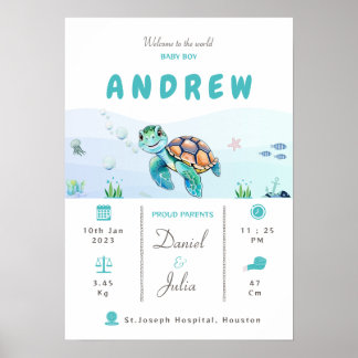 Baby boy birth stats aquatic theme Nursery poster