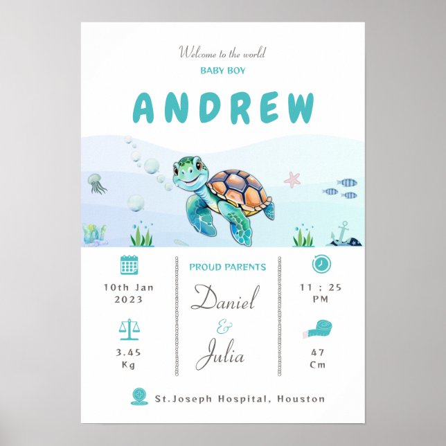 Baby boy birth stats aquatic theme Nursery poster (Front)