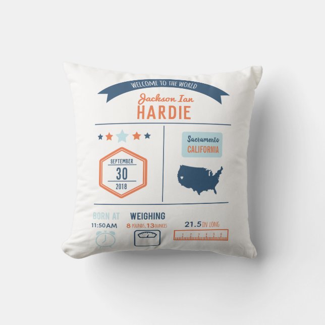 Baby Boy Birth Stats Cushion (Front)