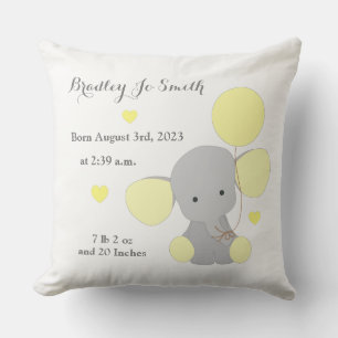 Baby Boy Birth Stats Yellow Grey Elephant Chevron Cushion