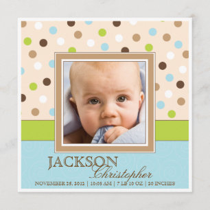 Baby Boy Birth Two Photos in Blue + Green Dots Announcement
