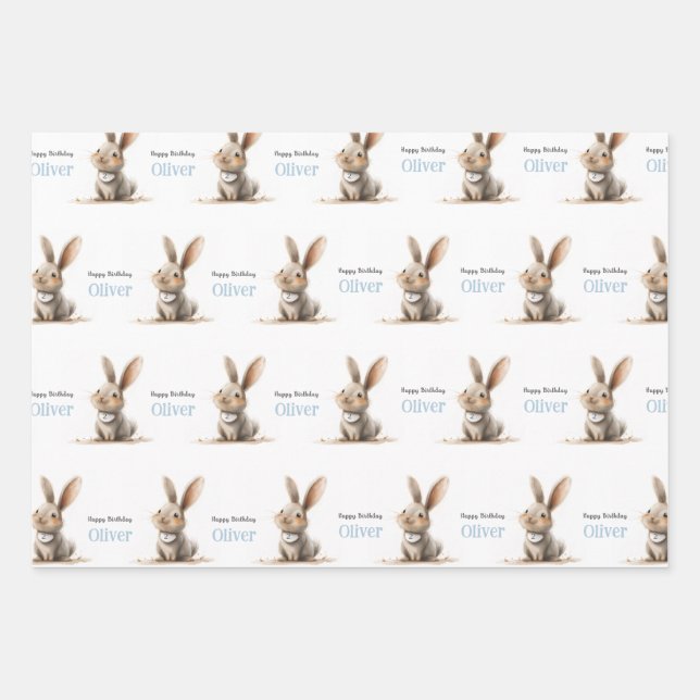 Baby Boy Birthday Cute Rabbit Wrapping Paper Sheet (Front 3)