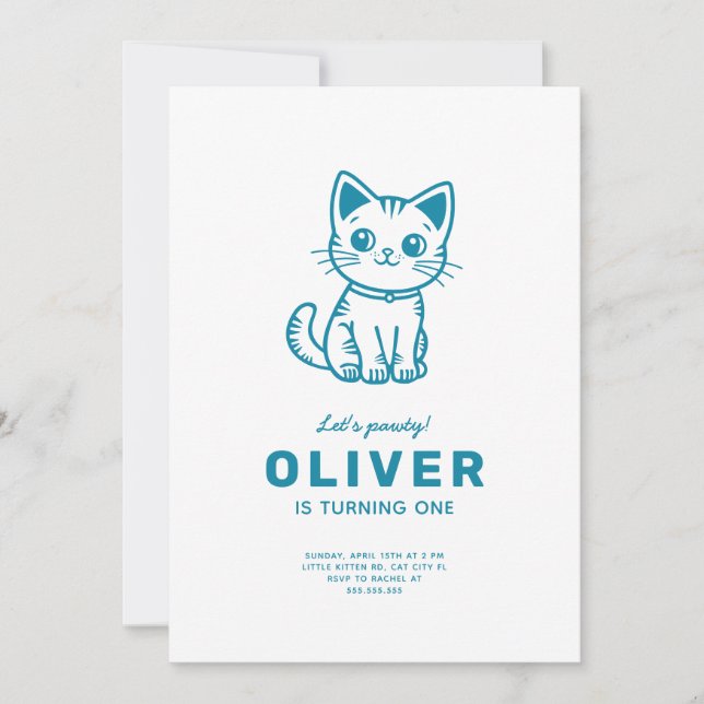 Baby boy birthday party with custom colours kitten invitation (Front)