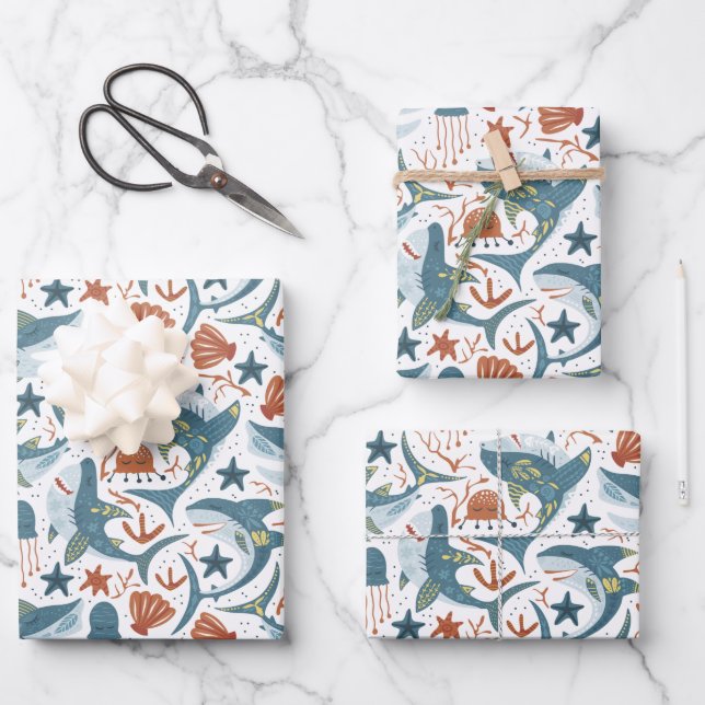 Baby Boy Birthday Shark Theme Party Pattern Wrapping Paper Sheet (Front)