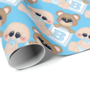 Baby boy block bear wrapping paper