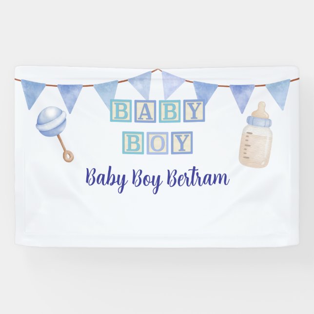 Baby Boy Blocks, Blue Watercolor Baby Shower Banner (Horizontal)