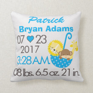 Baby Boy Blue Animal Polka Dot Birth Date Time Cushion