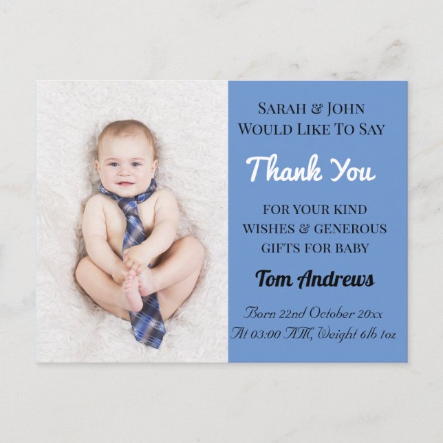 Baby Boy Blue Announcement Thank You Postcard (Front)