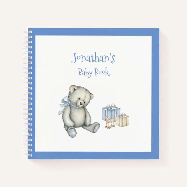 Baby Boy Blue Bear Keepsake Personalised Baby Book (Front)