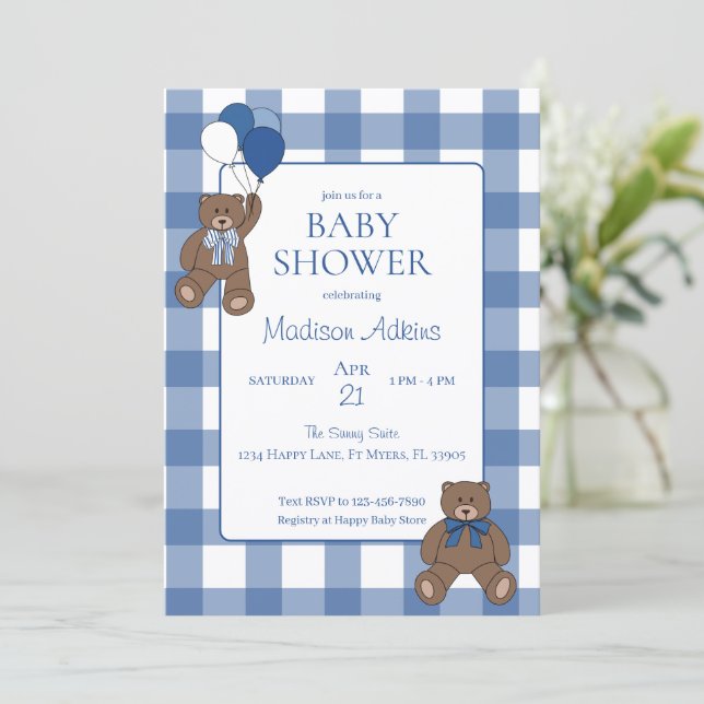 Baby Boy Blue Bearly Teddy Bears Baby Shower Invitation (Standing Front)