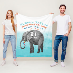 Baby Boy Blue Birth Record Stats Elephant Fleece Blanket