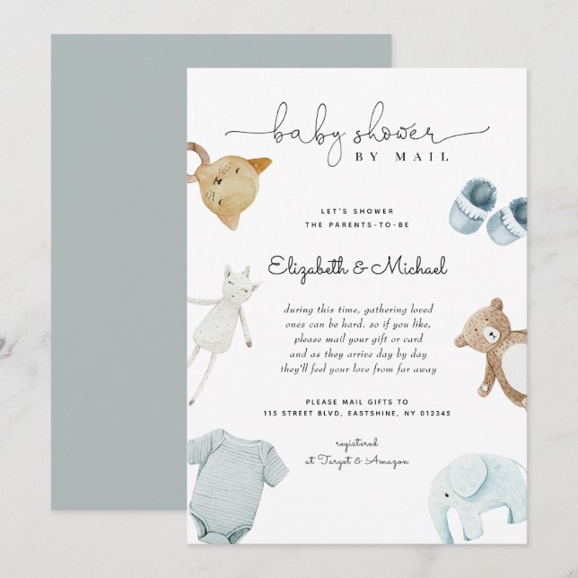Baby Boy  Blue Boho Watercolor Baby Shower By Mail Invitation (Front/Back)