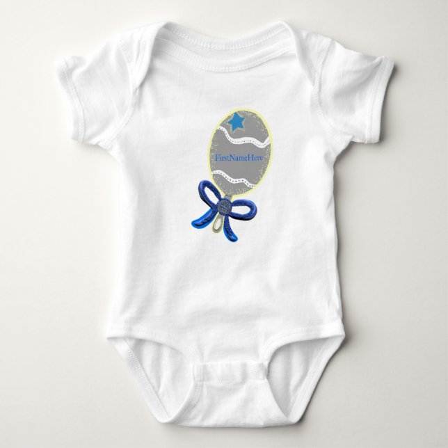 Baby Boy Blue Bow Rattle T-Shirt - CUSTOMIZE Name Bodysuit (Front)