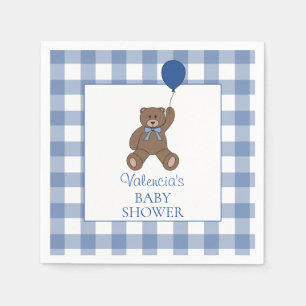 Baby Boy Blue Buffalo Check Teddy Bear Baby Shower Napkin
