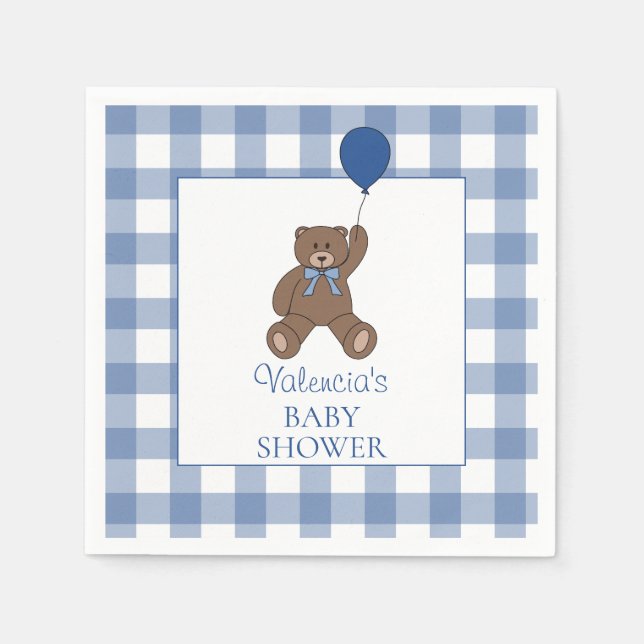 Baby Boy Blue Buffalo Check Teddy Bear Baby Shower Napkin (Front)