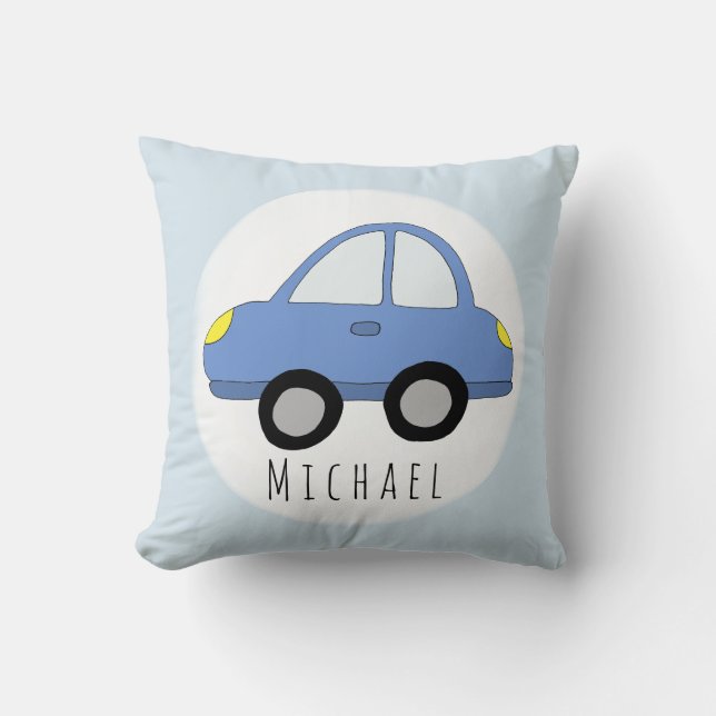 Baby Boy Blue Car Vehicle Name Nursery Cushion (Front)