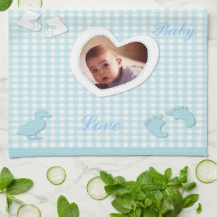 Baby Boy Blue Checks Photo Template Tea Towel