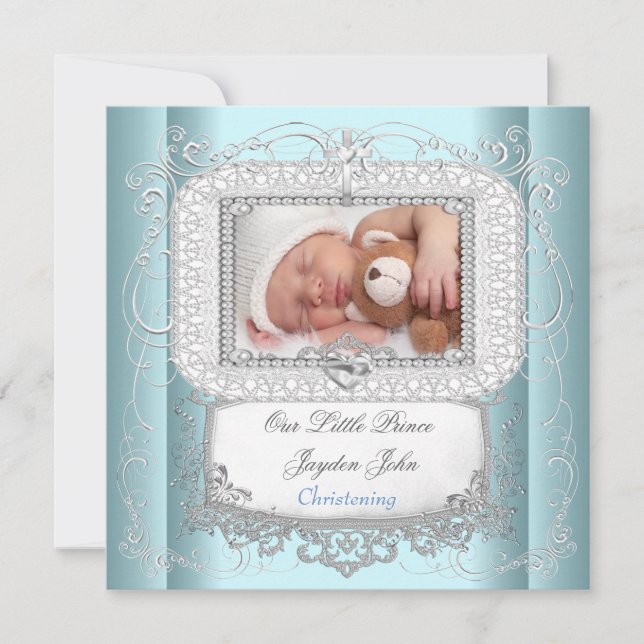 Baby Boy Blue Christening Baptism Cross Prince Invitation (Front)