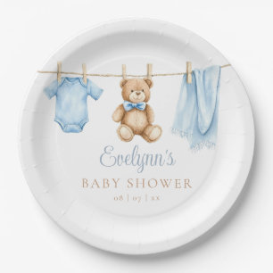Baby Boy Blue Clothesline Baby Shower Paper Plate