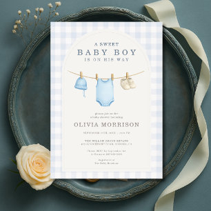 Baby Boy Blue Clothesline Gingham Baby Shower Invitation