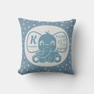 Baby Boy Blue Elephant Birth Announcement Stars Cushion