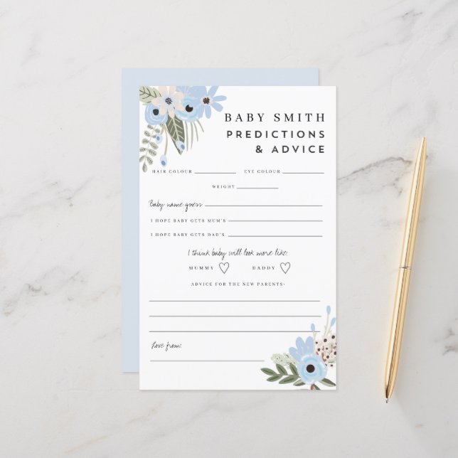 Baby Boy Blue Floral Baby Shower Advice Sheet (Front/Back In Situ)