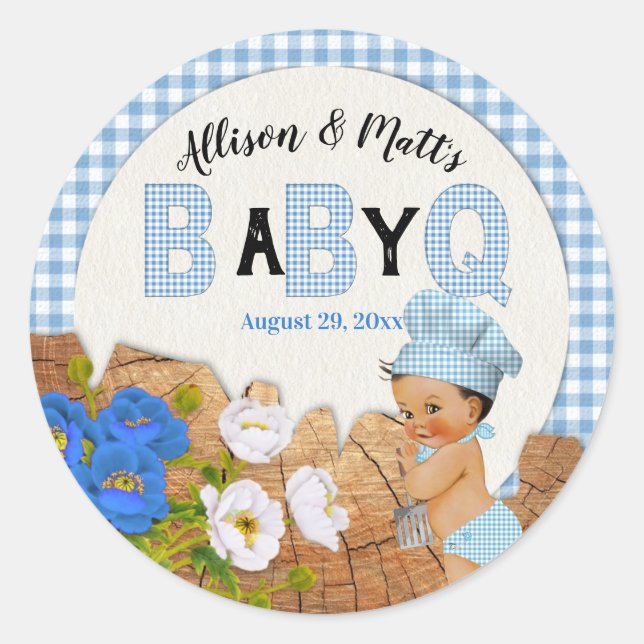 Baby Boy Blue Gingham Wood Floral Baby Q BBQ Classic Round Sticker (Front)