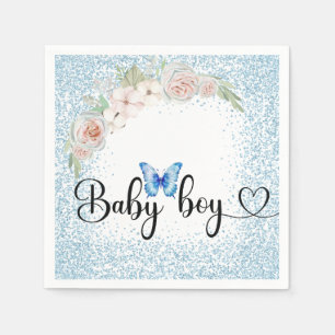 Baby boy blue glitter and pale flowers paper napkin