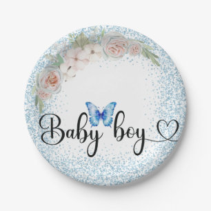 Baby boy blue glitter and pale flowers Paper Plate