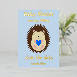 Baby Boy Blue Heart Hedgehog Baby Shower Foil Holiday Card