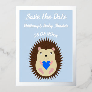 Baby Boy Blue Heart Hedgehog Baby Shower Foil Holiday Postcard