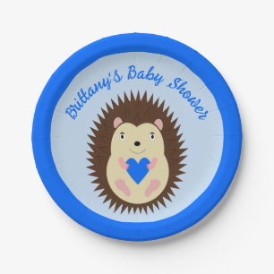 Baby Boy Blue Heart Hedgehog Baby Shower Paper Plate