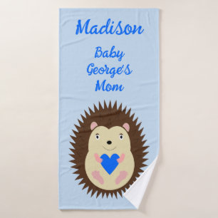 Baby Boy Blue Heart Hedgehog Custom Bath Towel