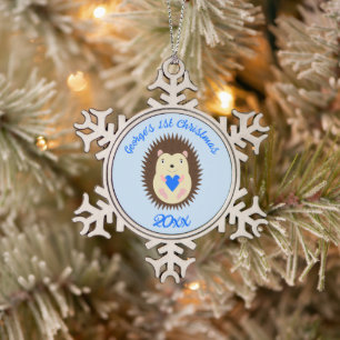 Baby Boy Blue Heart Hedgehog Custom Snowflake Pewter Christmas Ornament