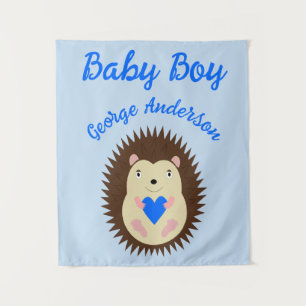 Baby Boy Blue Heart Hedgehog Custom Tapestry