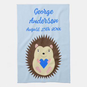 Baby Boy Blue Heart Hedgehog Custom Tea Towel