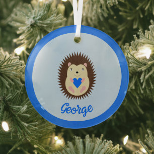 Baby Boy Blue Heart Hedgehog First Xmas Glass Tree Decoration