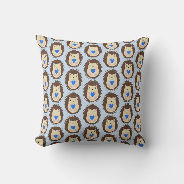 Baby Boy Blue Heart Hedgehog Patterned Cushion (Front)